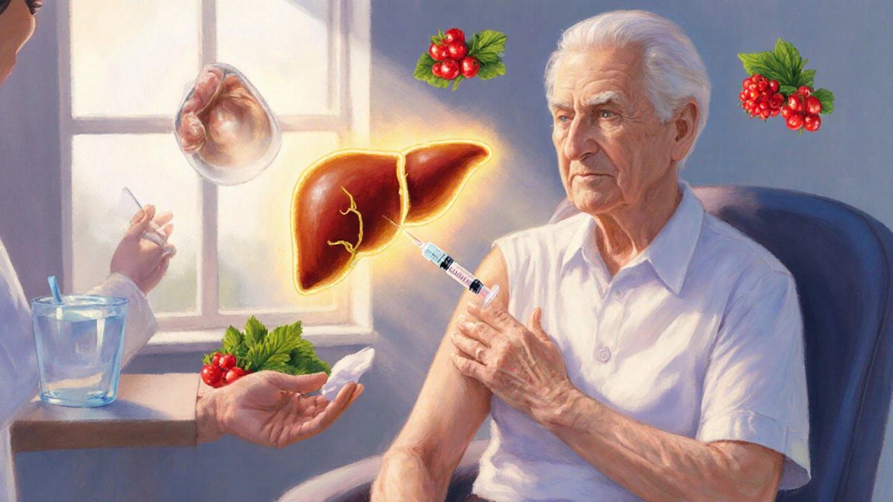 Anziano che riceve il vaccino Shingrix con fegato luminoso e cibi salutari intorno.