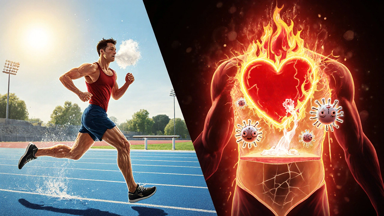 Atleta che corre con febbre, visualizzata la tensione sul cuore e il rischio di infortuni.