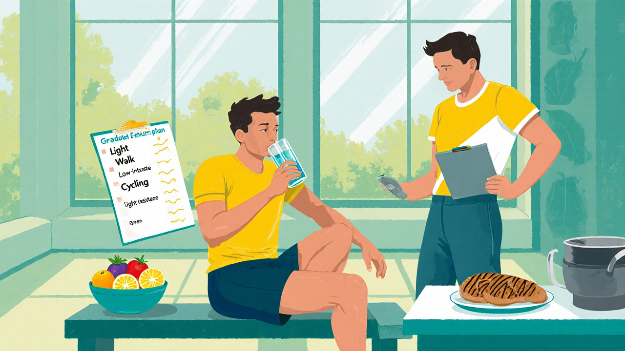 Atleta in riposo attivo, idratandosi e facendo stretching sotto la supervisione del coach.