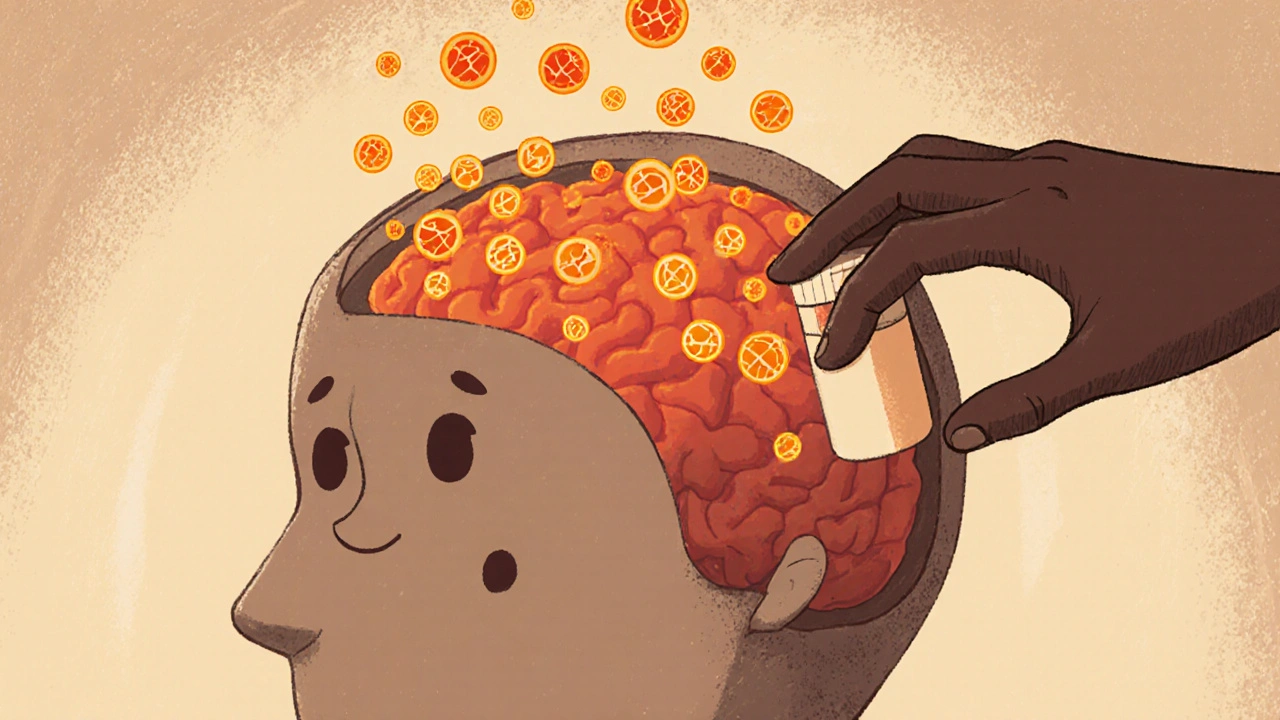 Cervello cartone con particelle di norepinefrina che aumentano, stile rassicurante.