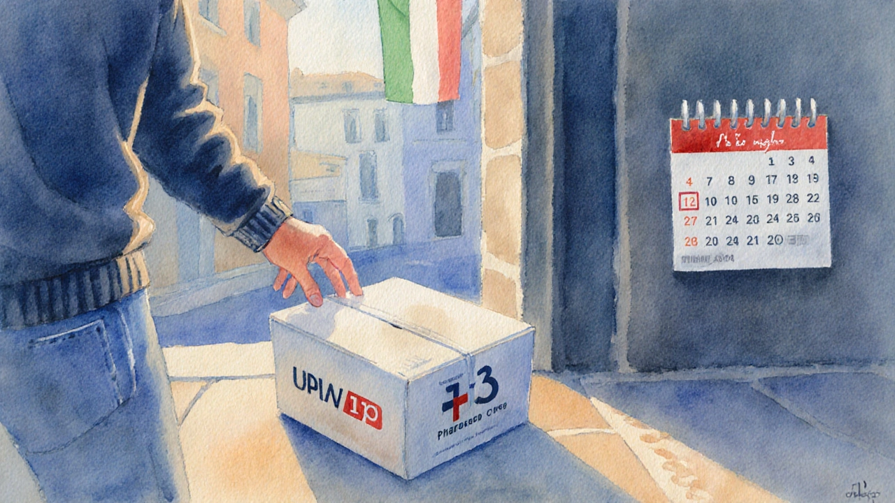 Confezione sigillata di Crestor generico consegnata al portone di una casa italiana.