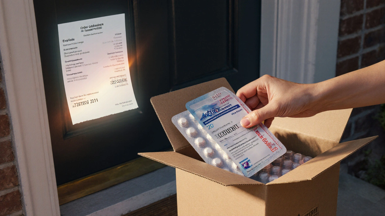 Consegna di pacco con blister di Motrin generico, mano che controlla data di scadenza.