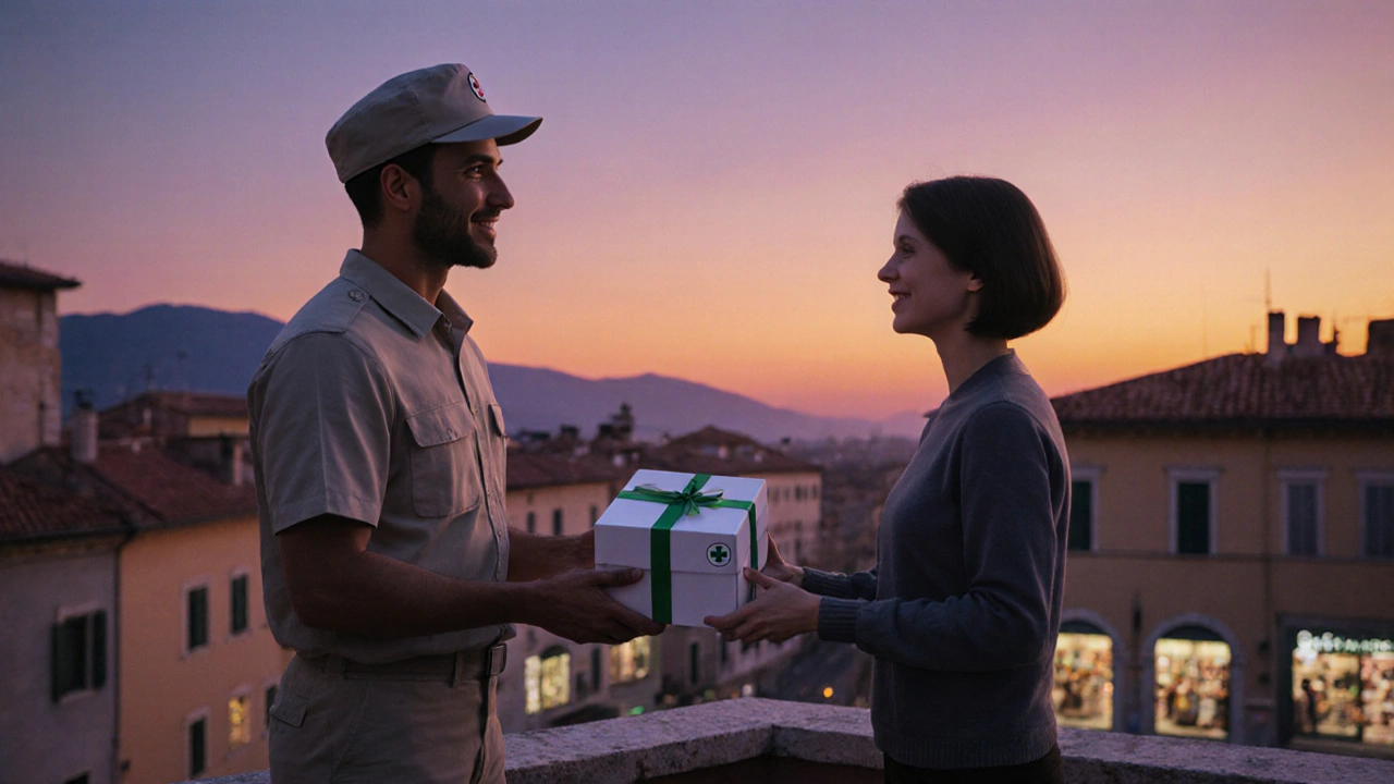 Corriere consegna un pacco medico a un cliente su balcone con vista città italiana al tramonto.