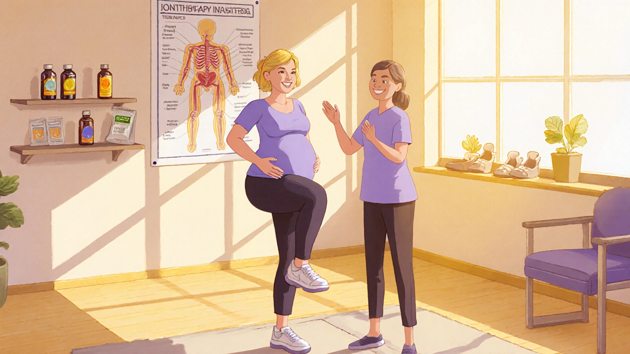 Donna incinta fa esercizi di fisioterapia con terapista, indossa scarpe di supporto, luce solare.