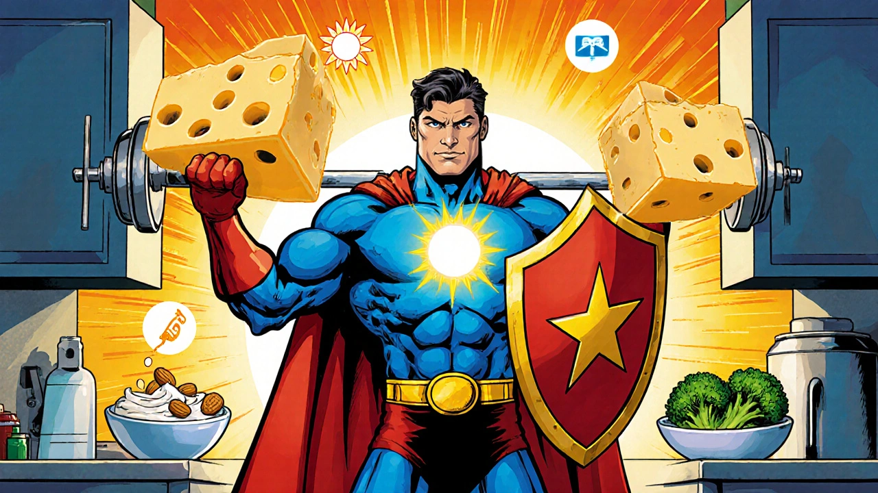Eroe in stile fumetto che solleva pesi di formaggio e mostra cibi salutari.