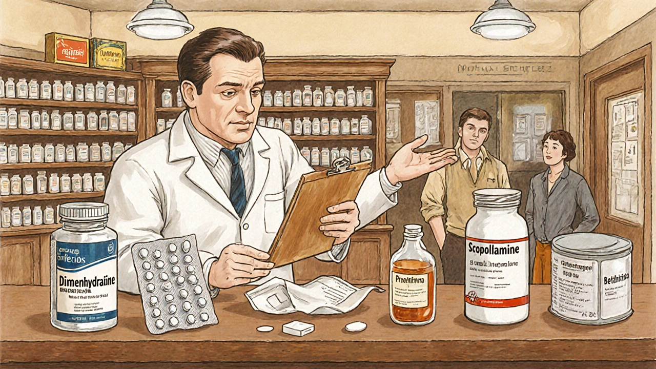 Farmacista mostra diversi farmaci anti‑vertigine al cliente.