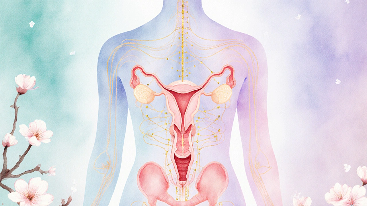 Figura femminile stilizzata con organi riproduttivi evidenziati da linee di energia Qi in acquerello.