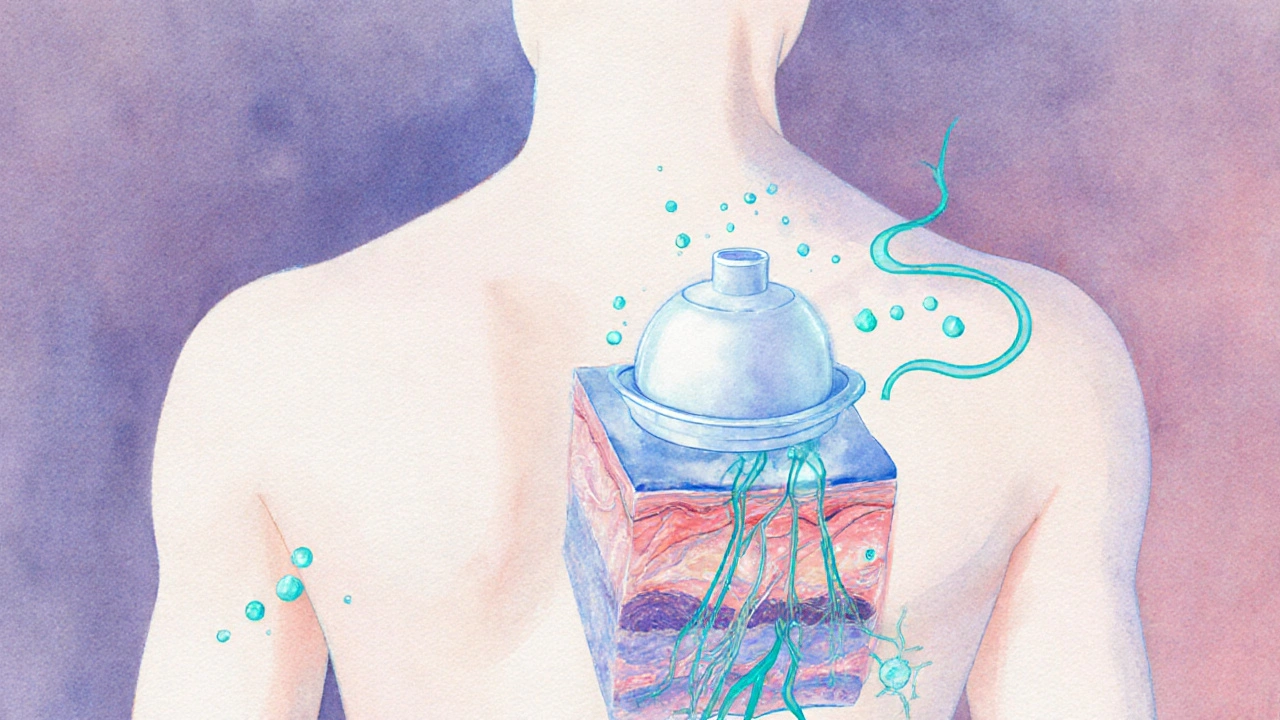 Illustrazione a acquerello di una coppa su schiena, mostrando suzione, flusso sanguigno e endorfine.