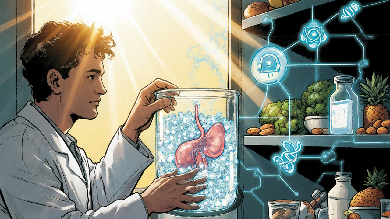 Laboratorio fumettistico con ioni di calcio, vitamina D e alimenti ricchi di calcio.