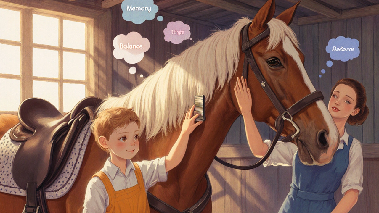 Mano del bambino accarezza la criniera del cavallo mentre entrambi stanno in equilibrio, evidenziando concentrazione e gioia.