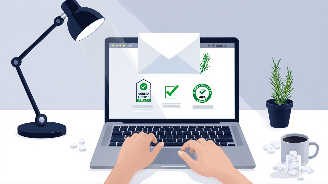 Mano posiziona una busta medica su laptop con icone di verifica, ambiente di lavoro ordinato.