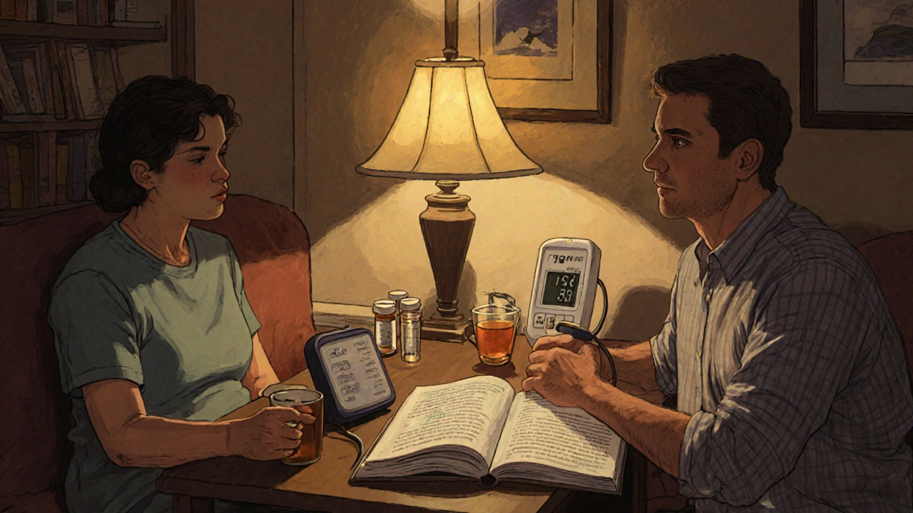 Paziente a casa che discute la scelta del trattamento con un familiare, monitorando pressione.