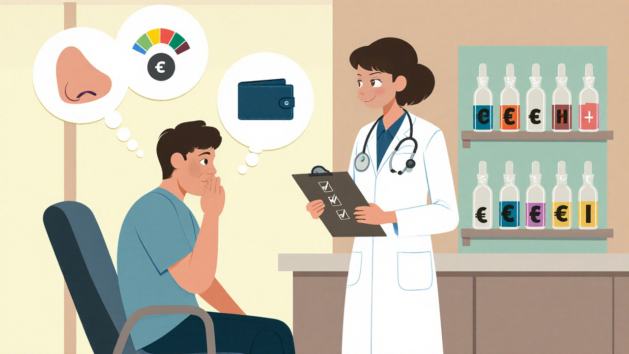 Paziente e medico discutono la scelta dello spray nasale, con fumetti dei criteri.