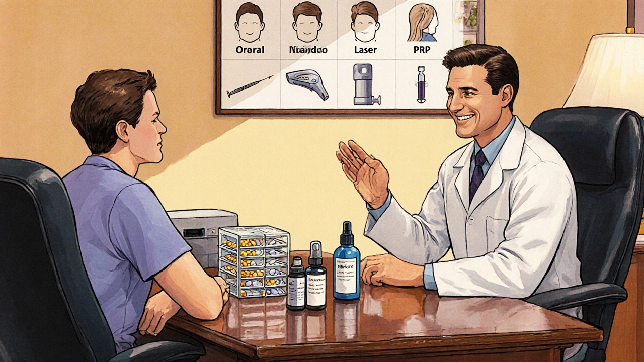 Paziente e medico discutono le varie terapie per l&#039;alopecia davanti a una parete informativa.