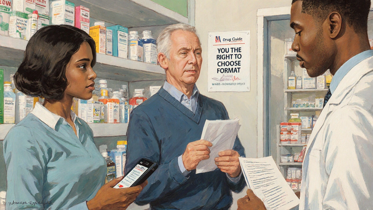 Pazienti in una farmacia moderna chiedono la guida al farmaco in formato digitale o cartaceo, con espressioni di attenzione e diritto.