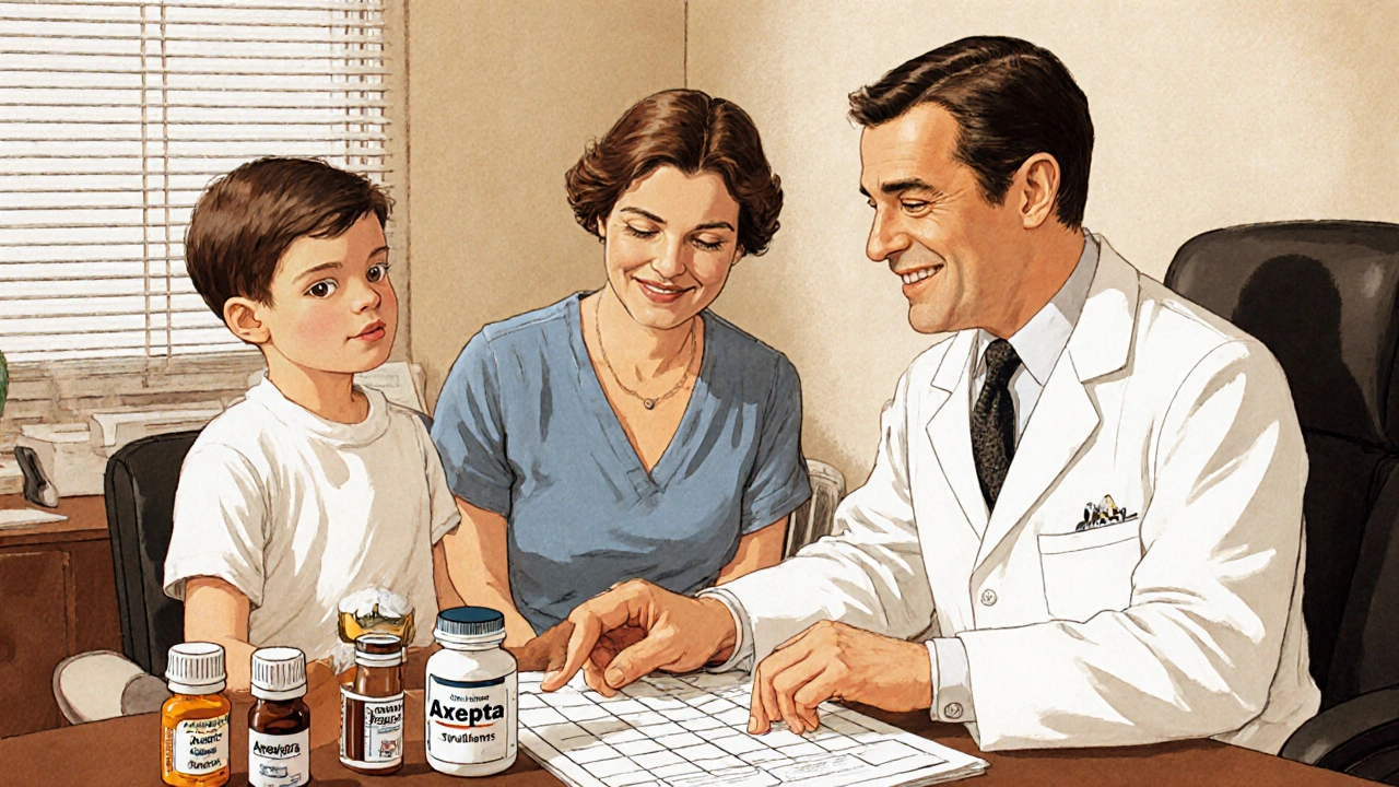 Pediatra con madre e bambino, bottiglie di farmaci sul tavolo, decisione clinica.