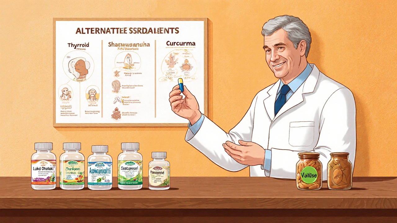 Persona confronta capsule Lukol con integratori di Ashwagandha, Curcuma e Ginseng.