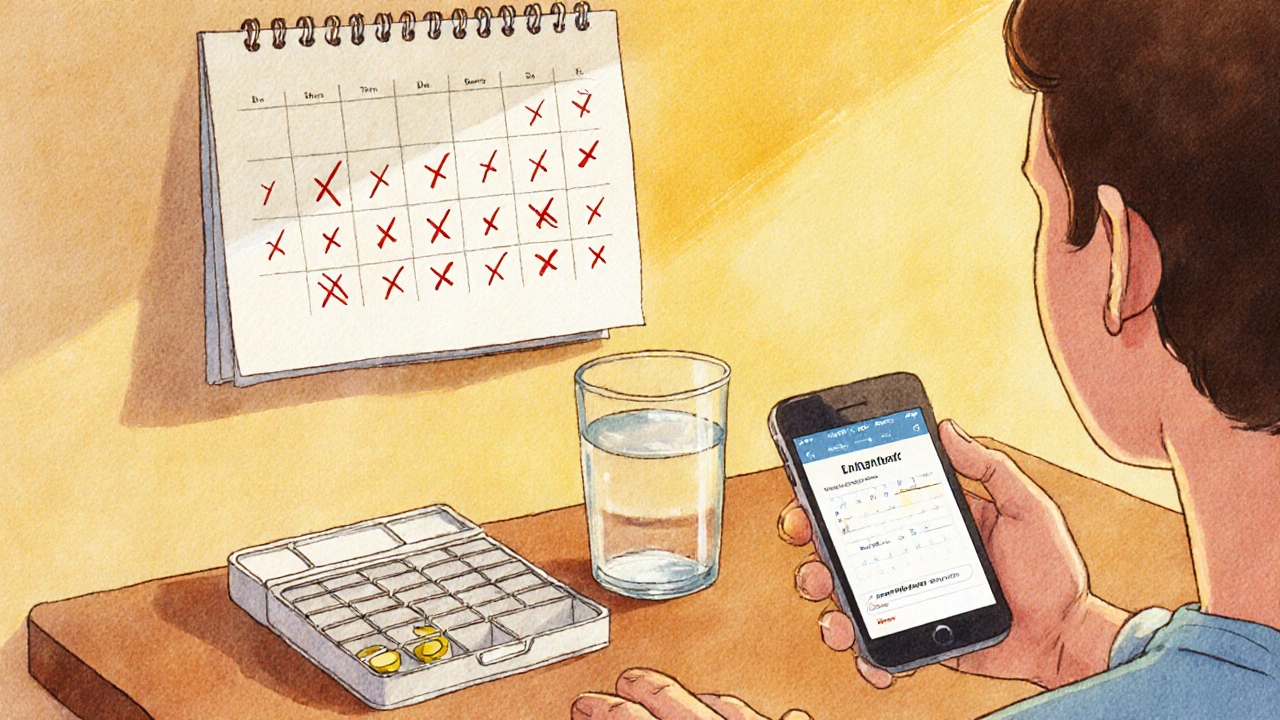 Persona controlla il calendario e il portapillole per completare il ciclo di antibiotico.