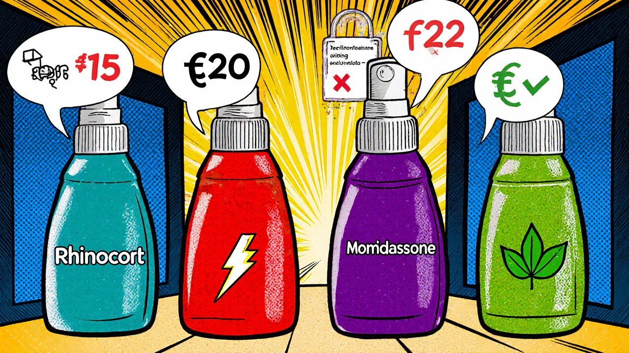 Quattro spray nasali mostrati a confronto con icone di potenza e prezzo.
