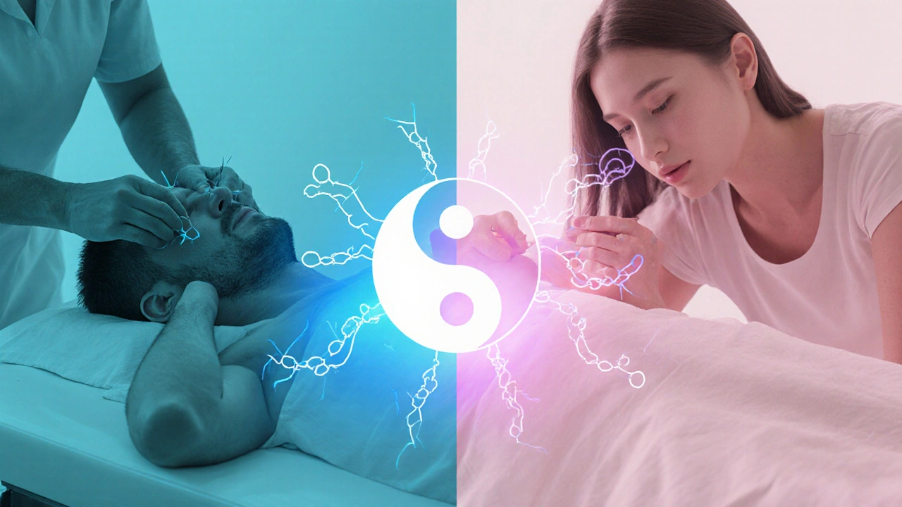 Scena divisa mostra uomo e donna in trattamento di agopuntura, con simbolo yin‑yang di energia che li collega.