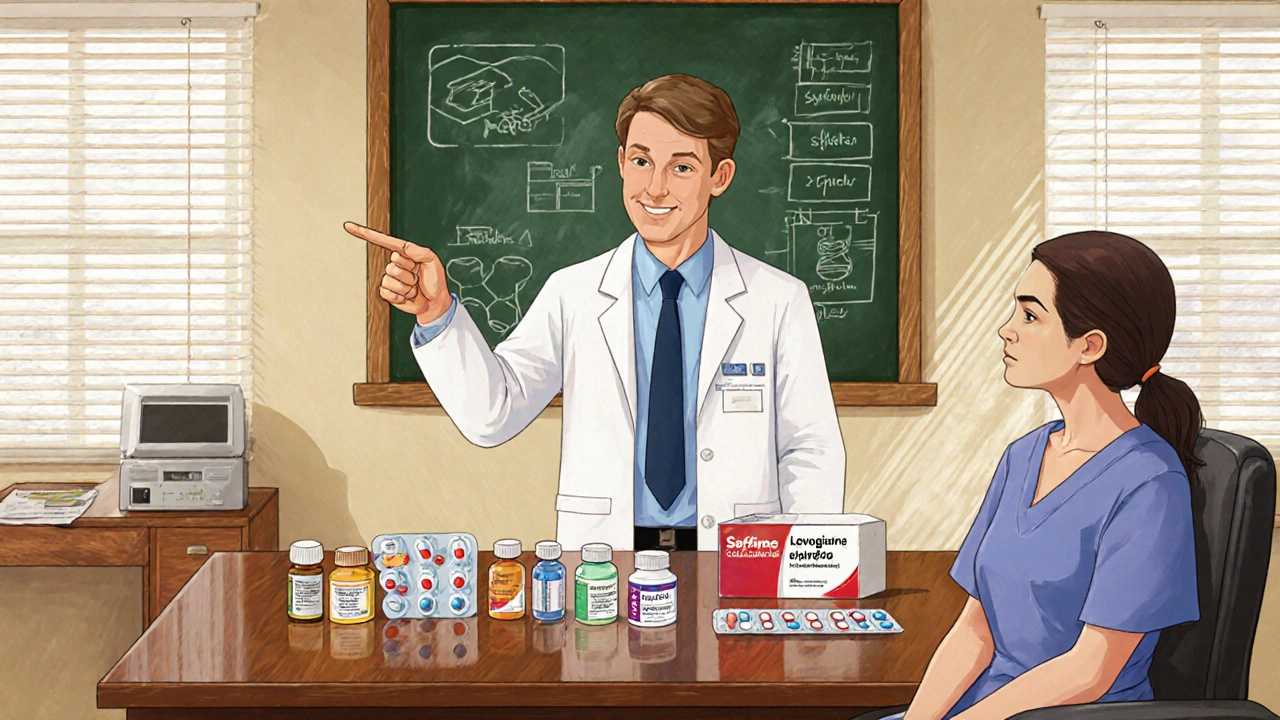 Tavolo con varie bottigliette di pillole e un cerotto, medico che indica le opzioni.