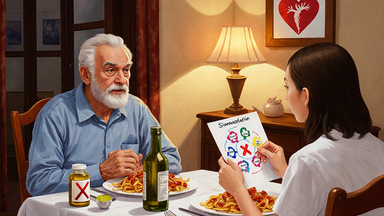 Un nonno e la nipote medica discutono statine su un tovagliolo durante una cena familiare italiana.