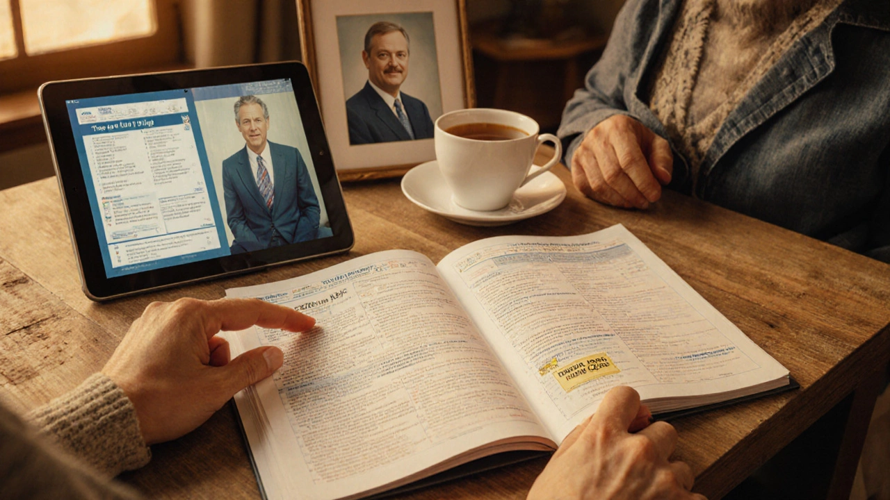 Un paziente a casa legge la guida al farmaco con un familiare, mentre sul tavolo c&#039;è anche una versione digitale sul tablet.