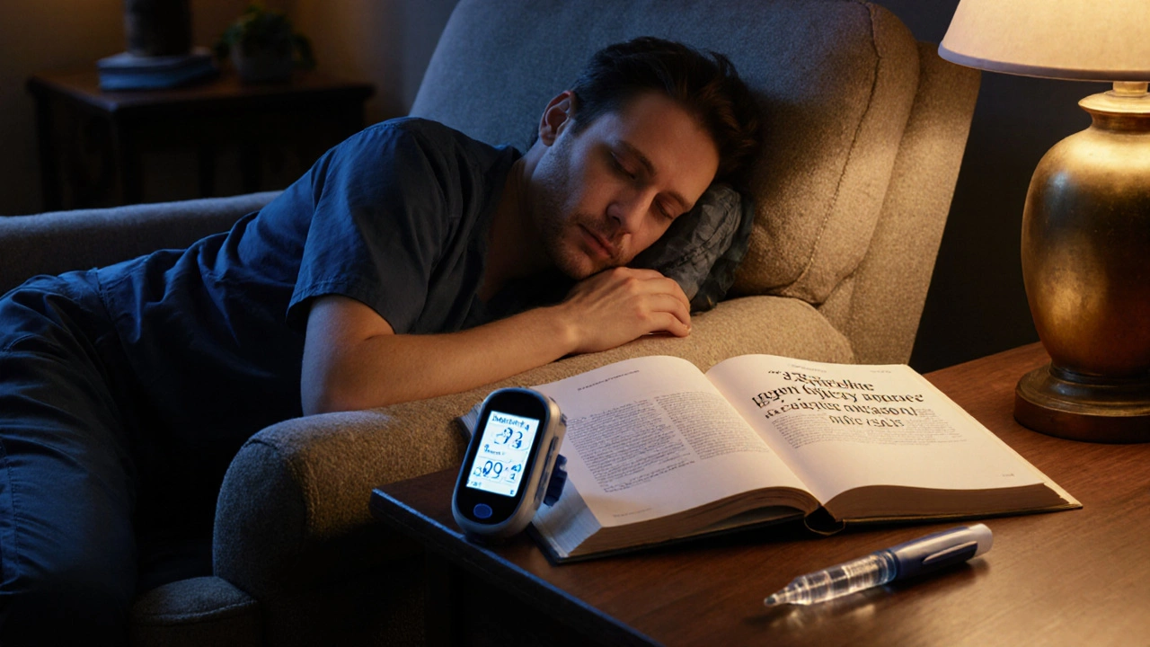 Un paziente dorme serenamente in salotto, con un monitor glicemico acceso e un libro medico aperto sul letto.