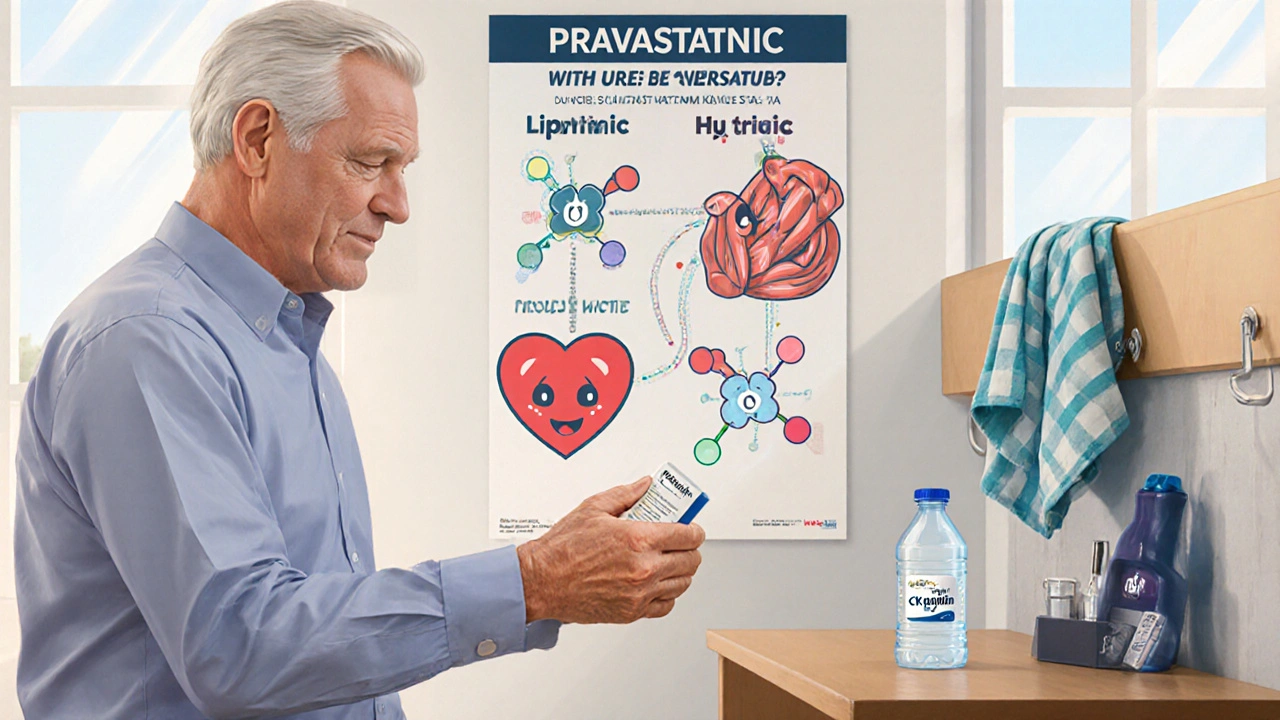 Un uomo in palestra riceve pravastatina da un farmacista, con un poster che confronta statine.