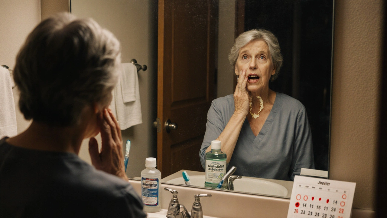 Donna che osserva con preoccupazione l&#039;osso esposto nella bocca allo specchio, accanto a collutorio e spazzolino.