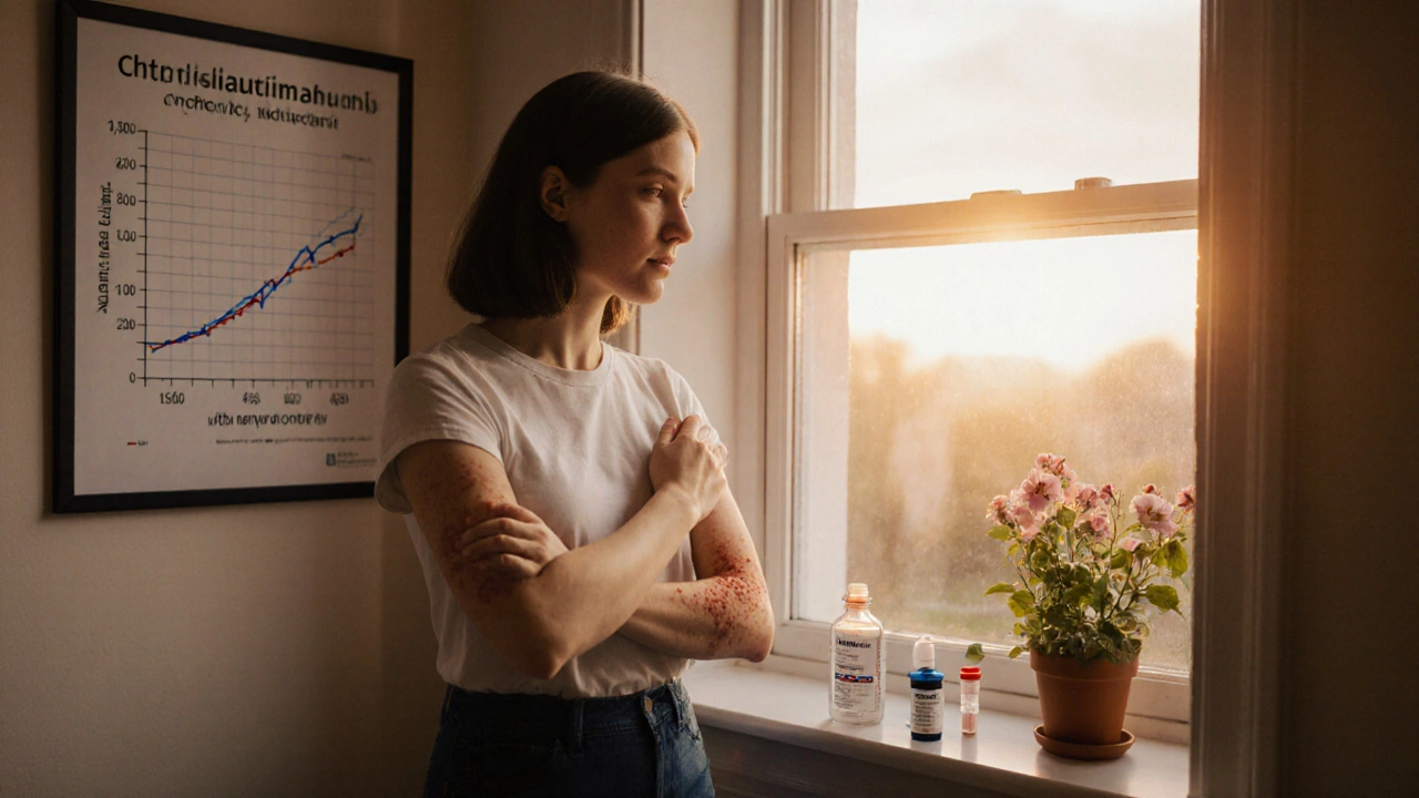 Donna guarda il proprio braccio mentre i segni di orticaria svaniscono al mattino.