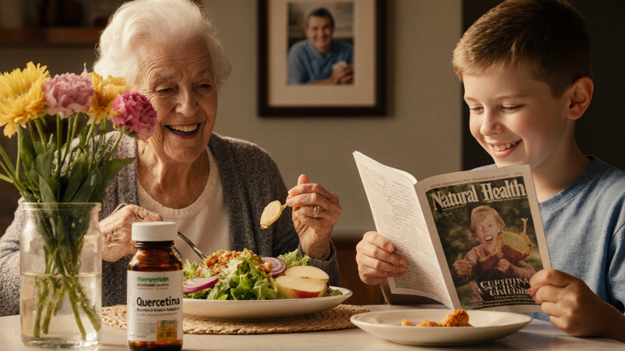 Famiglia a cena con cibi naturali, mentre un integratore di quercetina rimane non utilizzato sul piano di lavoro.