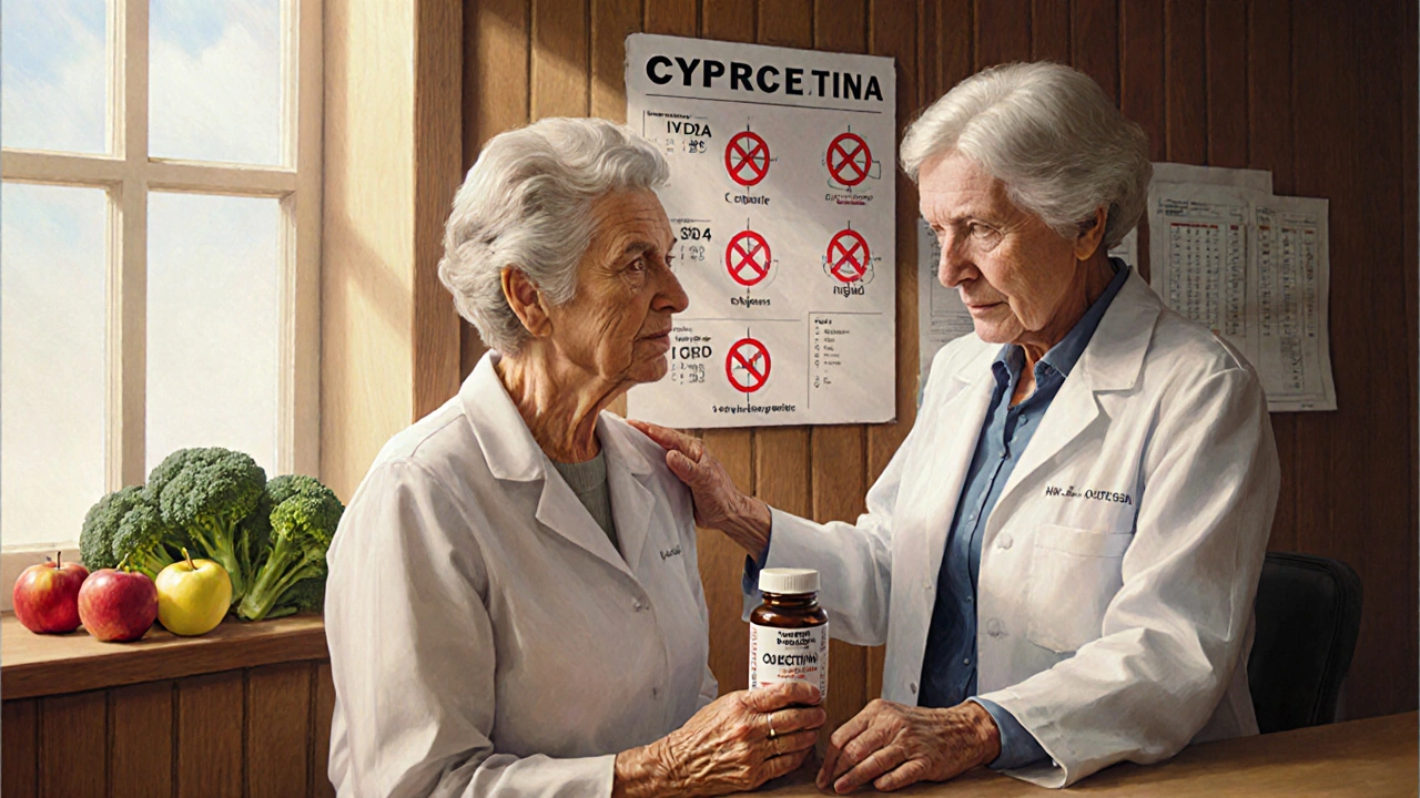 Farmacista che consiglia una donna anziana mentre sullo sfondo un grafico mostra enzimi bloccati dalla quercetina.