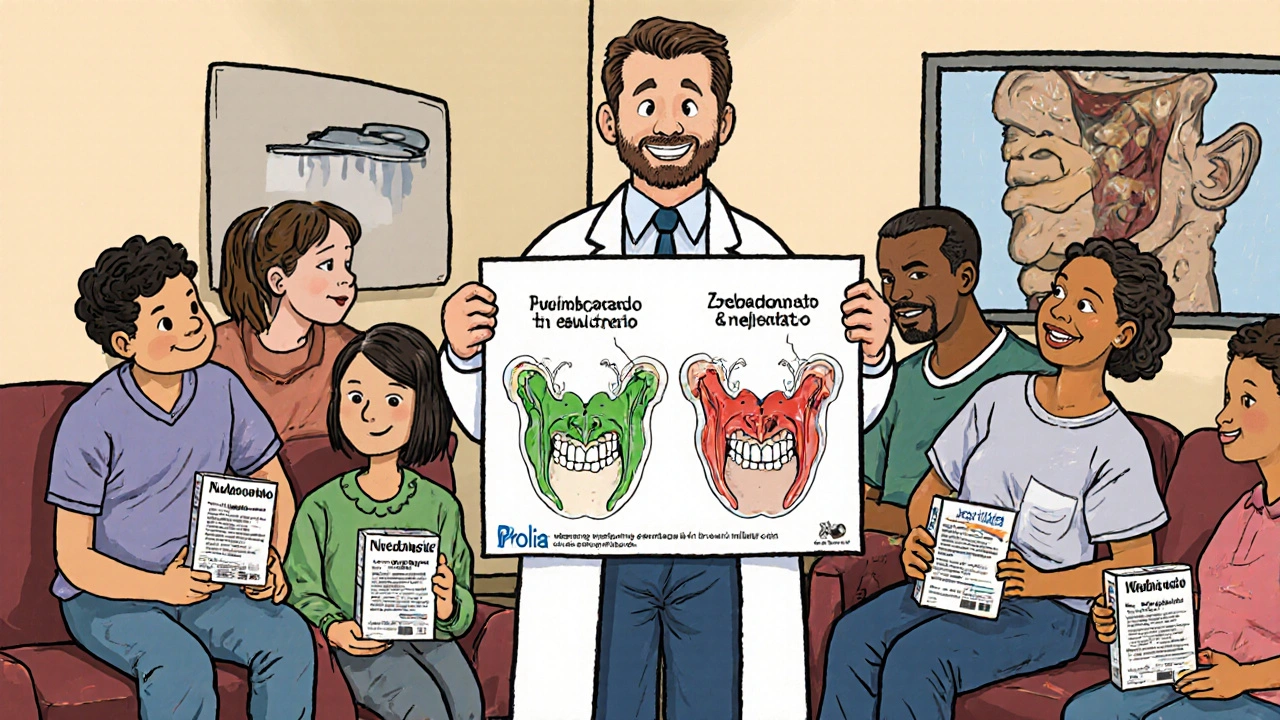 Gruppo di pazienti in sala d&#039;attesa dentistica con scatole di farmaci, mentre un dentista mostra un poster educativo.