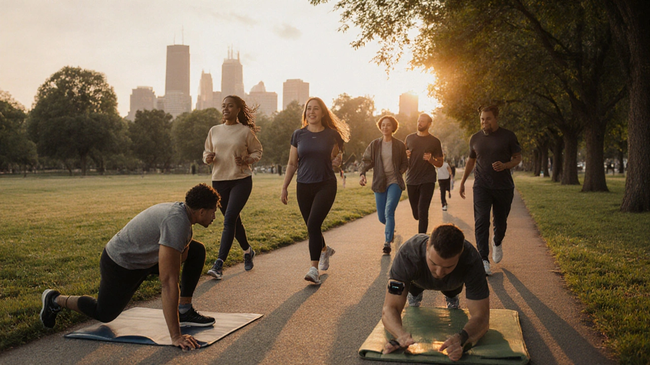 Gruppo di persone che fa attività fisica in un parco al mattino