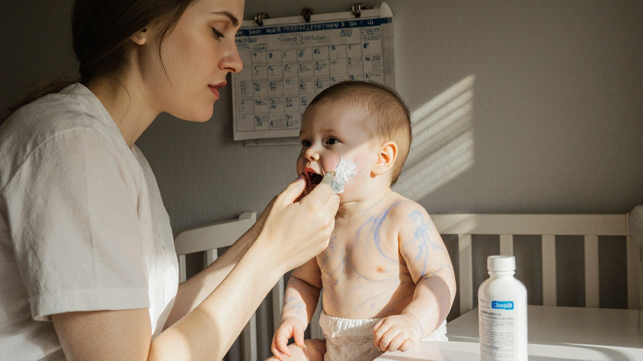 Madre che applica crema sul viso del bambino, pelle del neonato sottile con vene visibili, ambiente domestico caldo e sereno.