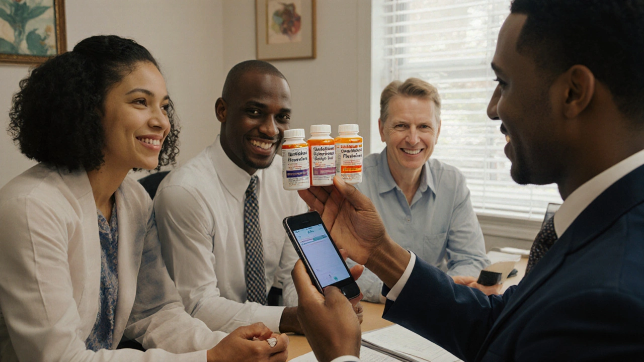 Medico spiega gli antistaminici a pazienti in uno studio medico accogliente.