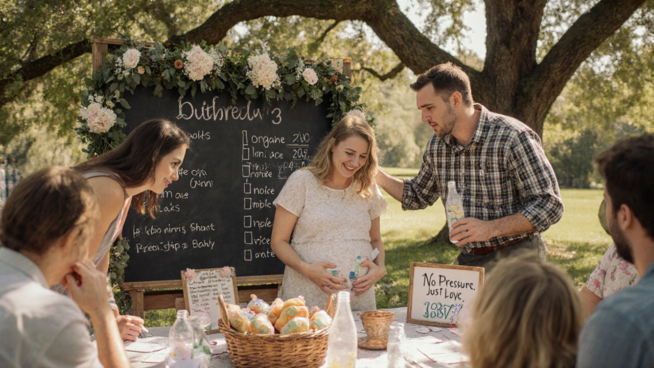 Ospiti che indovinano il peso del pancione in un giardino soleggiato, con una lavagna piena di stime divertenti.