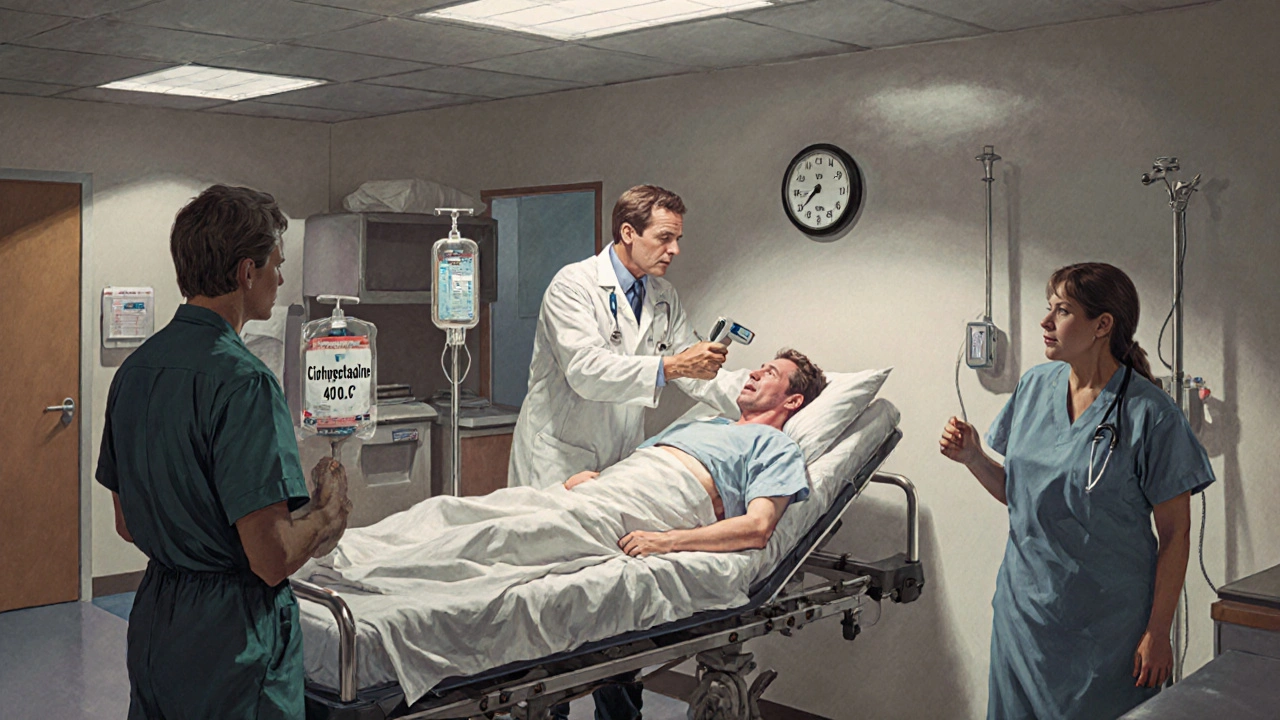 Paziente in pronto soccorso con febbre alta e contrazioni muscolari, medici lo assistono con urgenza.