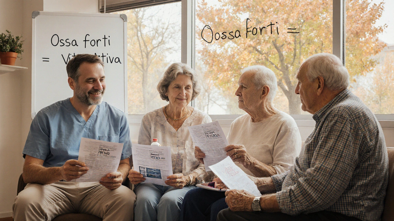 Pazienti in attesa in uno studio endocrinologico tengono documenti ossei e farmaci, circondati da luce naturale e un messaggio incoraggiante.