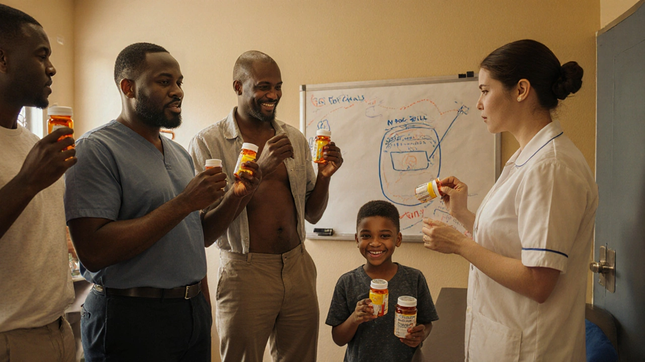 Pazienti in una clinica mostrano le loro pillole con sensori digitali, in un&#039;atmosfera di sostegno e speranza.