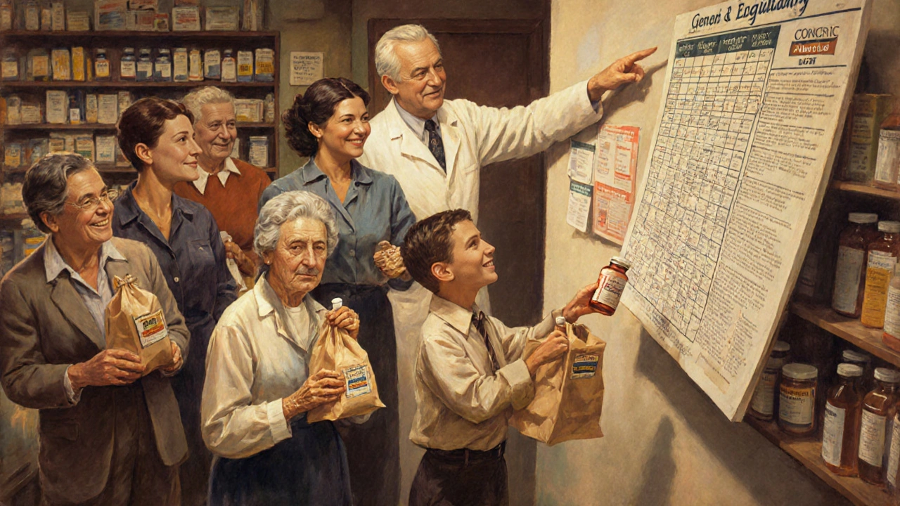Pazienti ricevono farmaci generici in una farmacia comunitaria, con un cartello che mostra l&#039;equivalenza approvata dall&#039;FDA.