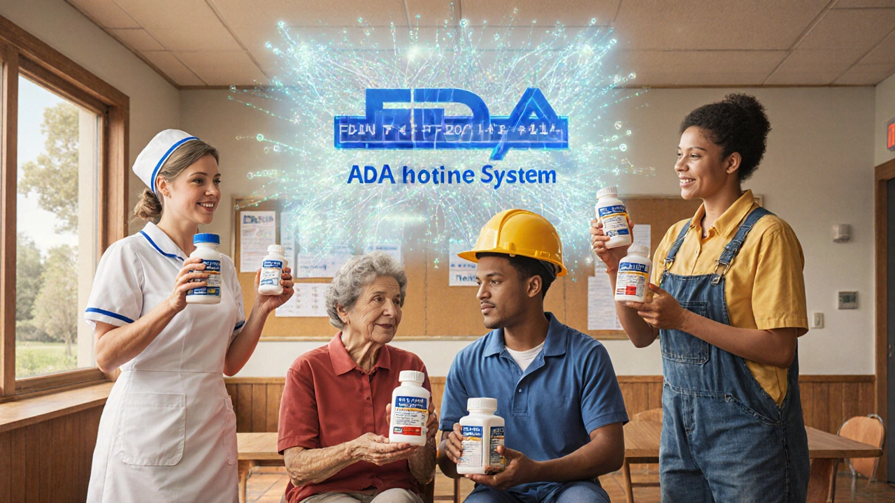 Persone di diverse età tengono farmaci generici, mentre sopra di loro fluttuano dati che rappresentano il sistema di monitoraggio della FDA.