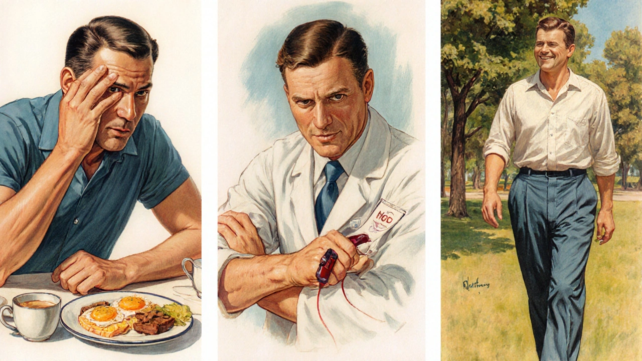 Serie di tre scene: dolore alle mani, flebotomia, e uomo felice in parco.