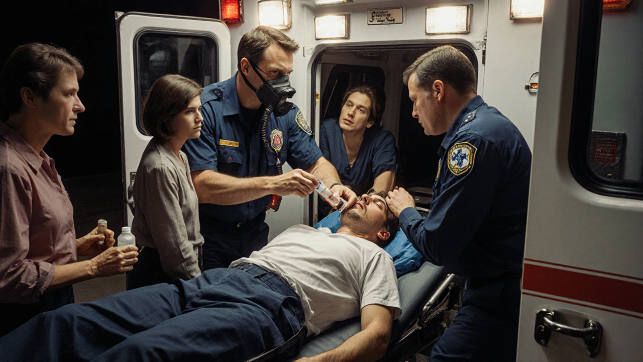 Un&#039;ambulanza soccorre un paziente con gonfiore e maschera ad ossigeno, mentre un paramedico somministra l&#039;epinefrina.