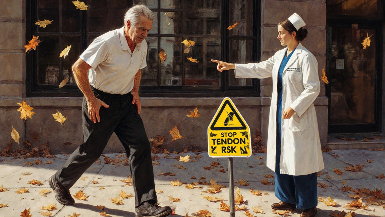 Un atleta si ferma di colpo dal dolore al tendine, mentre un medico gli indica un avvertimento.