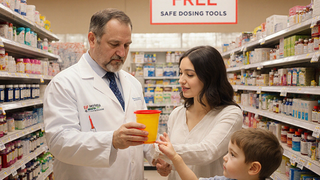Un farmacista consegna un misuratore sicuro a una madre in un negozio, con strumenti colorati sullo sfondo.