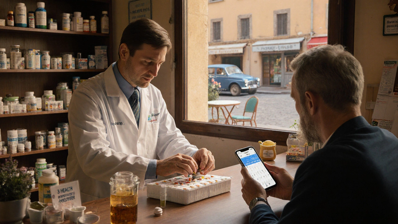 Un farmacista prepara le pillole per un paziente anziano, mentre un giovane mostra un&#039;app per le medicine sul suo iPhone.