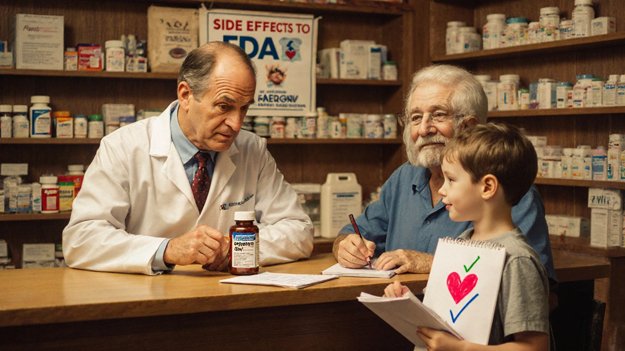 Un farmacista spiega a un paziente anziano il produttore di un farmaco generico, in una farmacia accogliente con luce dorata.