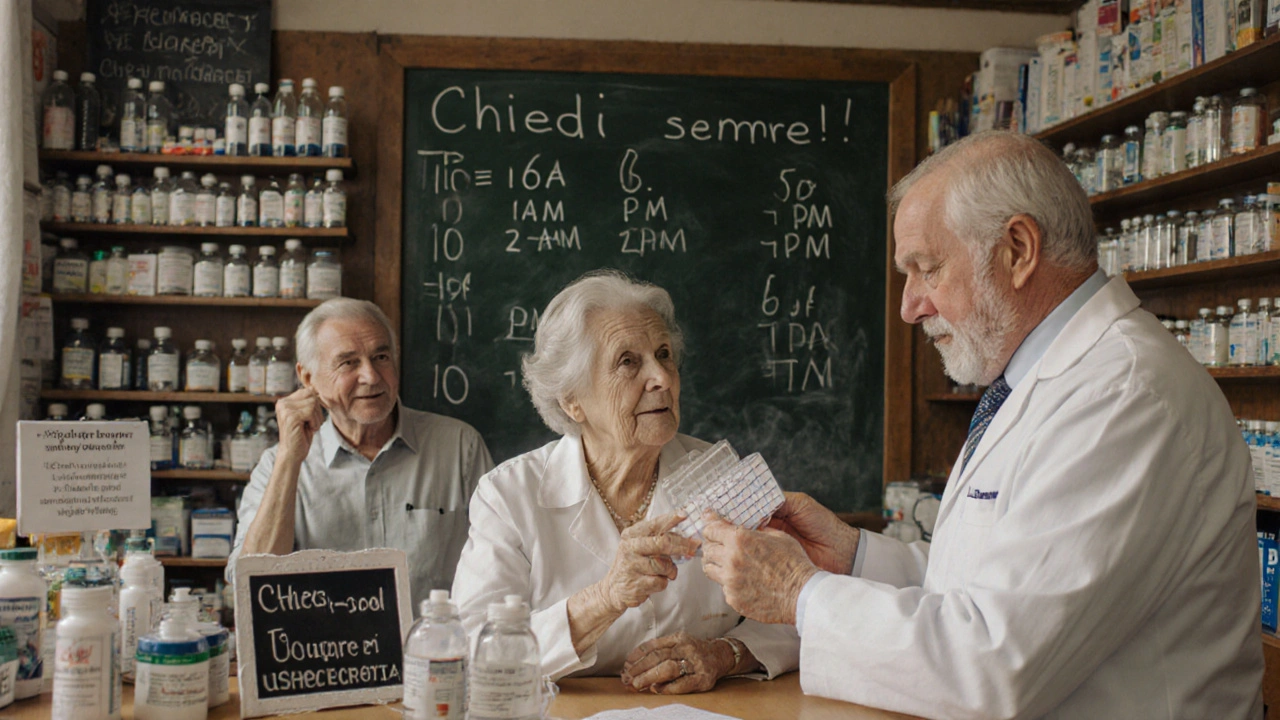 Un farmacista spiega a una paziente le istruzioni per un farmaco TID in una farmacia italiana.